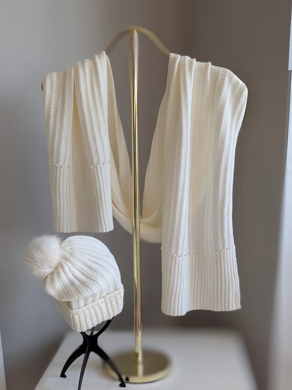 a new day Cream Knit Pom Beanie and Matching Scarf Set With Pearl Accents